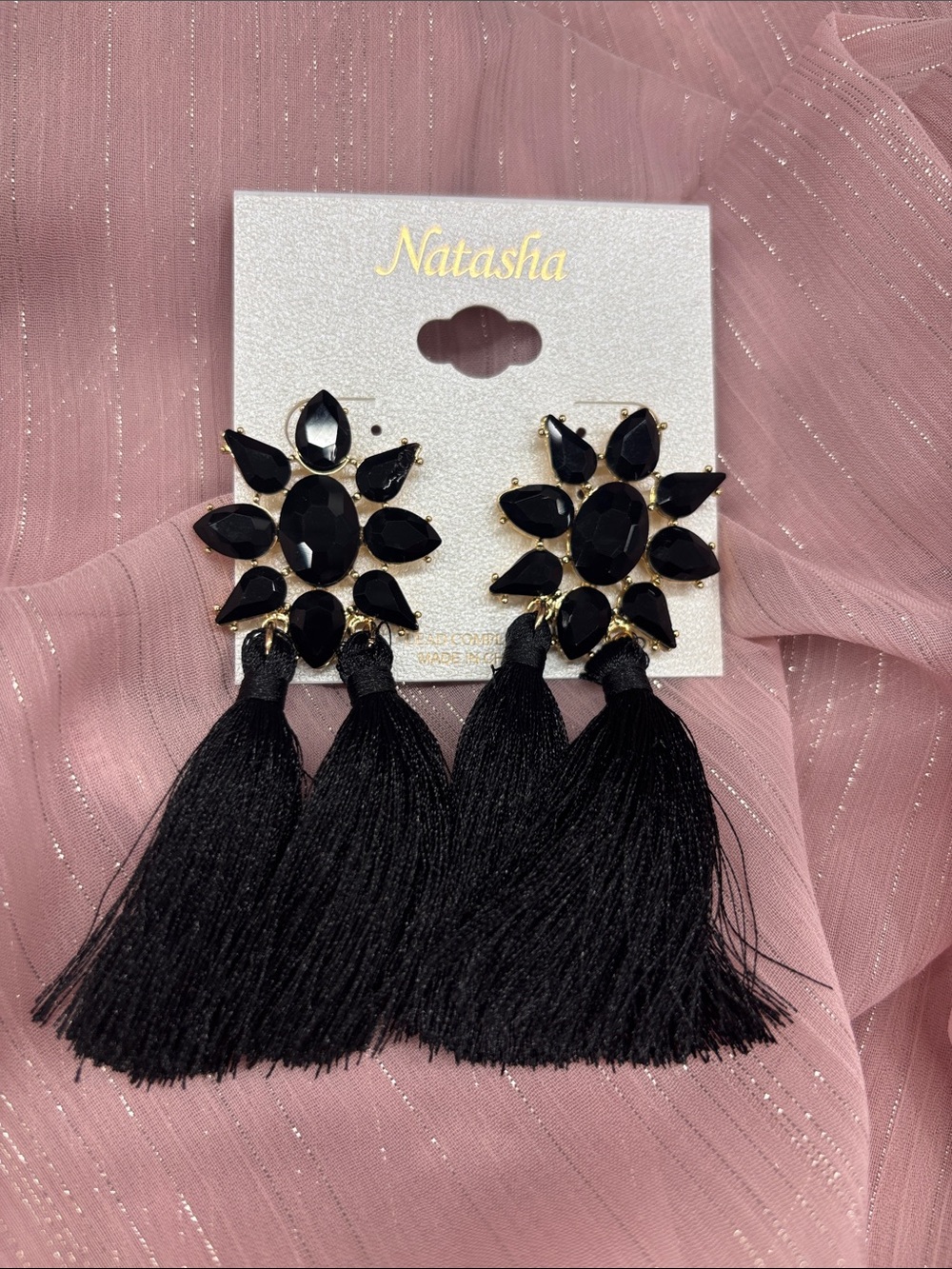 Natasha Couture Black Gem Cluster Tassel Earrings